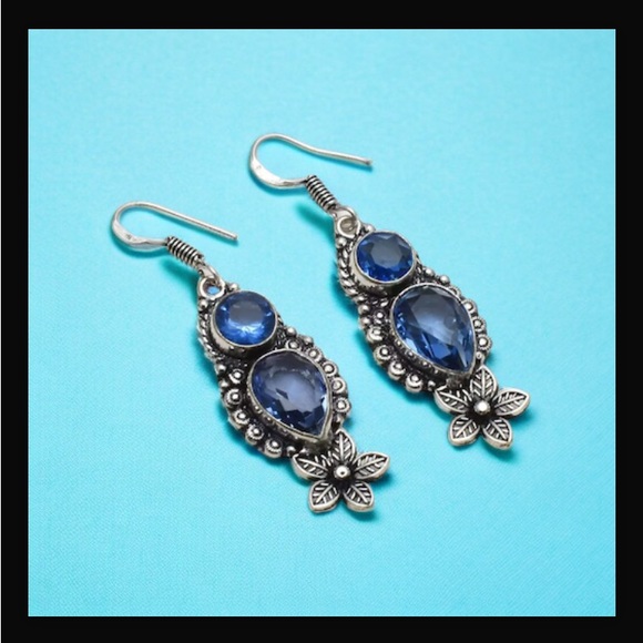 Blue Topaz Handcrafted Long Drop Dangle Earrings 2.08" Made In India New W Tags - Picture 4 of 12